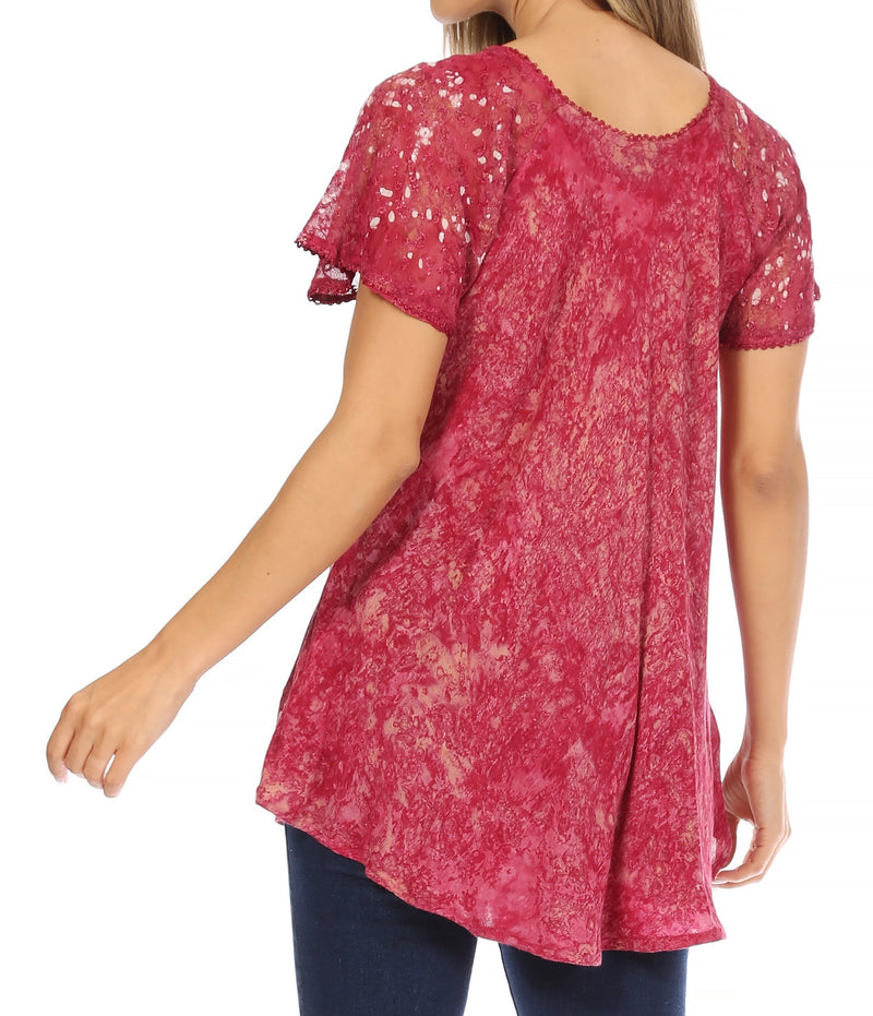 Sakkas Ash Speckled Tiedye Embroidered Cap Sleeve Blouse Top With Embroidery Hems