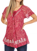 Sakkas Ash Speckled Tiedye Embroidered Cap Sleeve Blouse Top With Embroidery Hems#color_Fuchsia