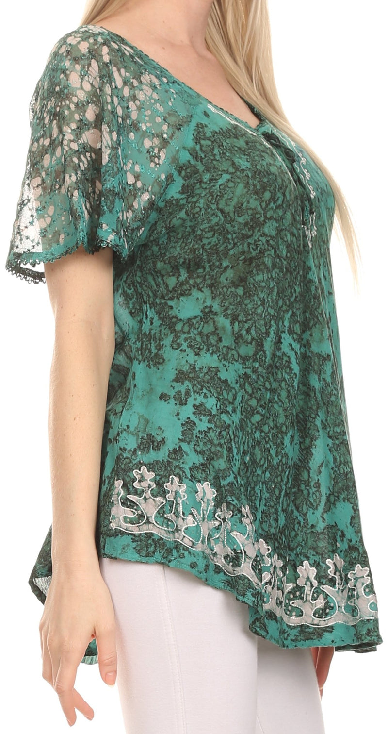 Sakkas Ash Speckled Tiedye Embroidered Cap Sleeve Blouse Top With Embroidery Hems