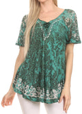 Sakkas Ash Speckled Tiedye Embroidered Cap Sleeve Blouse Top With Embroidery Hems#color_Green