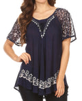 Sakkas Ash Speckled Tiedye Embroidered Cap Sleeve Blouse Top With Embroidery Hems#color_Navy