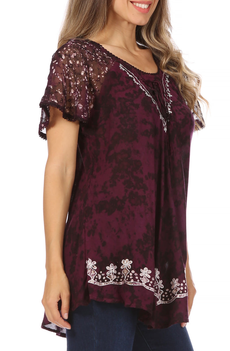 Sakkas Ash Speckled Tiedye Embroidered Cap Sleeve Blouse Top With Embroidery Hems