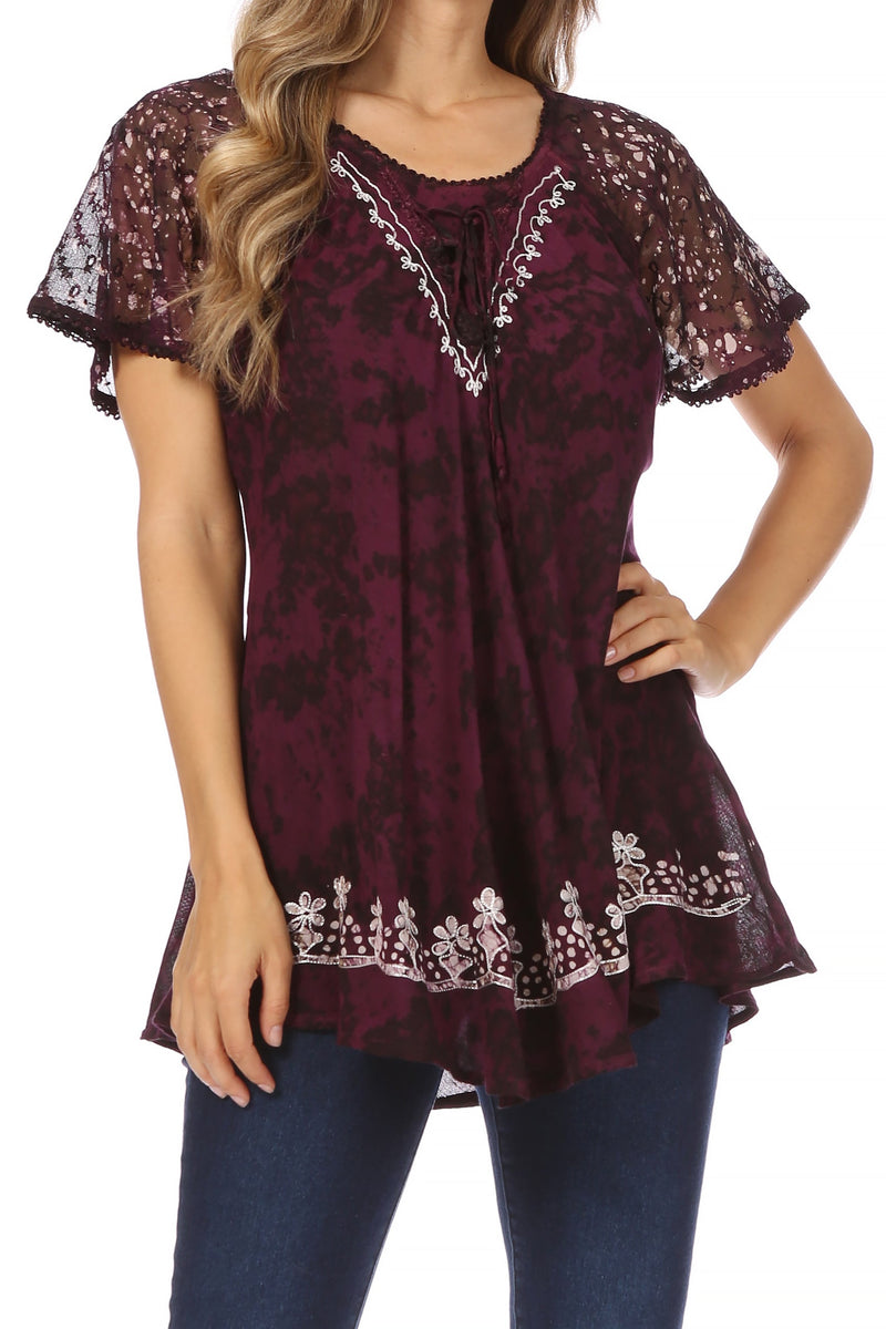 Sakkas Ash Speckled Tiedye Embroidered Cap Sleeve Blouse Top With Embroidery Hems