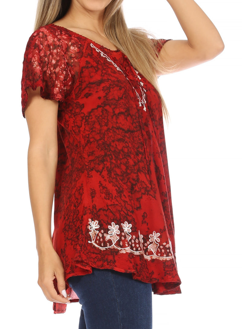 Sakkas Ash Speckled Tiedye Embroidered Cap Sleeve Blouse Top With Embroidery Hems