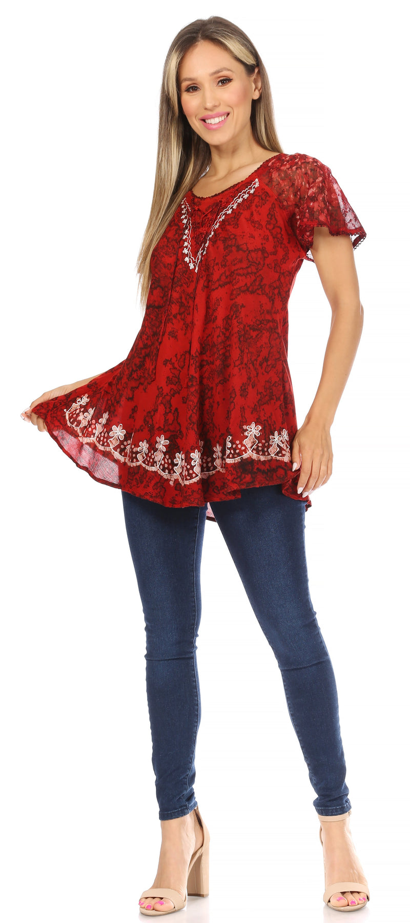 Sakkas Ash Speckled Tiedye Embroidered Cap Sleeve Blouse Top With Embroidery Hems