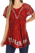 Sakkas Ash Speckled Tiedye Embroidered Cap Sleeve Blouse Top With Embroidery Hems#color_Red