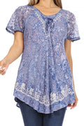 Sakkas Ash Speckled Tiedye Embroidered Cap Sleeve Blouse Top With Embroidery Hems#color_RoyalBlue