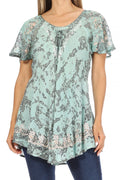 Sakkas Ash Speckled Tiedye Embroidered Cap Sleeve Blouse Top With Embroidery Hems#color_Turquoise