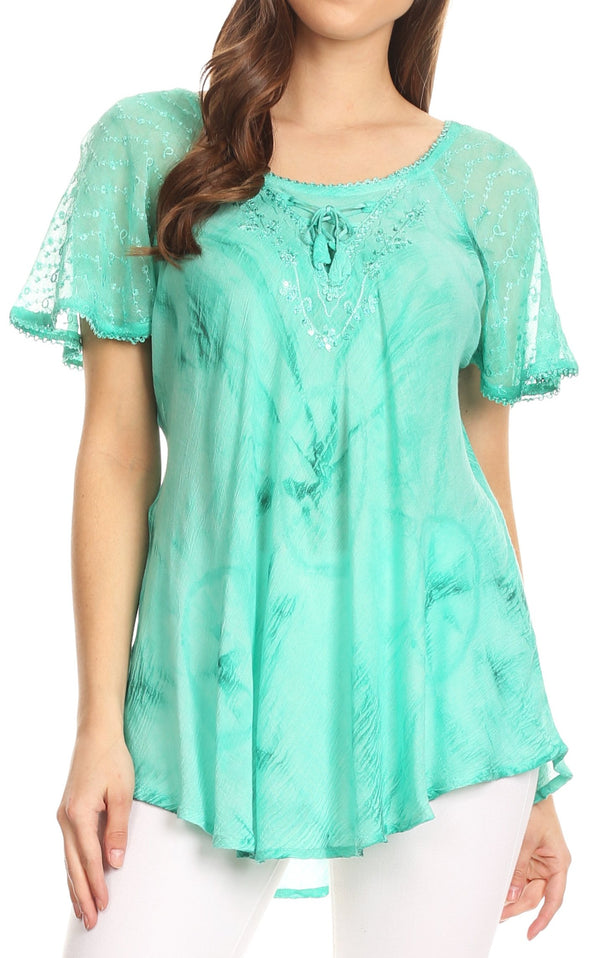 Sakkas Hana Tie Dye Relaxed Fit Embroidery Cap Sleeves Peasant Batik Blouse / Top#color_Aqua