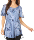 Sakkas Hana Tie Dye Relaxed Fit Embroidery Cap Sleeves Peasant Batik Blouse / Top#color_Blue