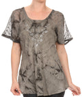 Sakkas Hana Tie Dye Relaxed Fit Embroidery Cap Sleeves Peasant Batik Blouse / Top#color_Grey