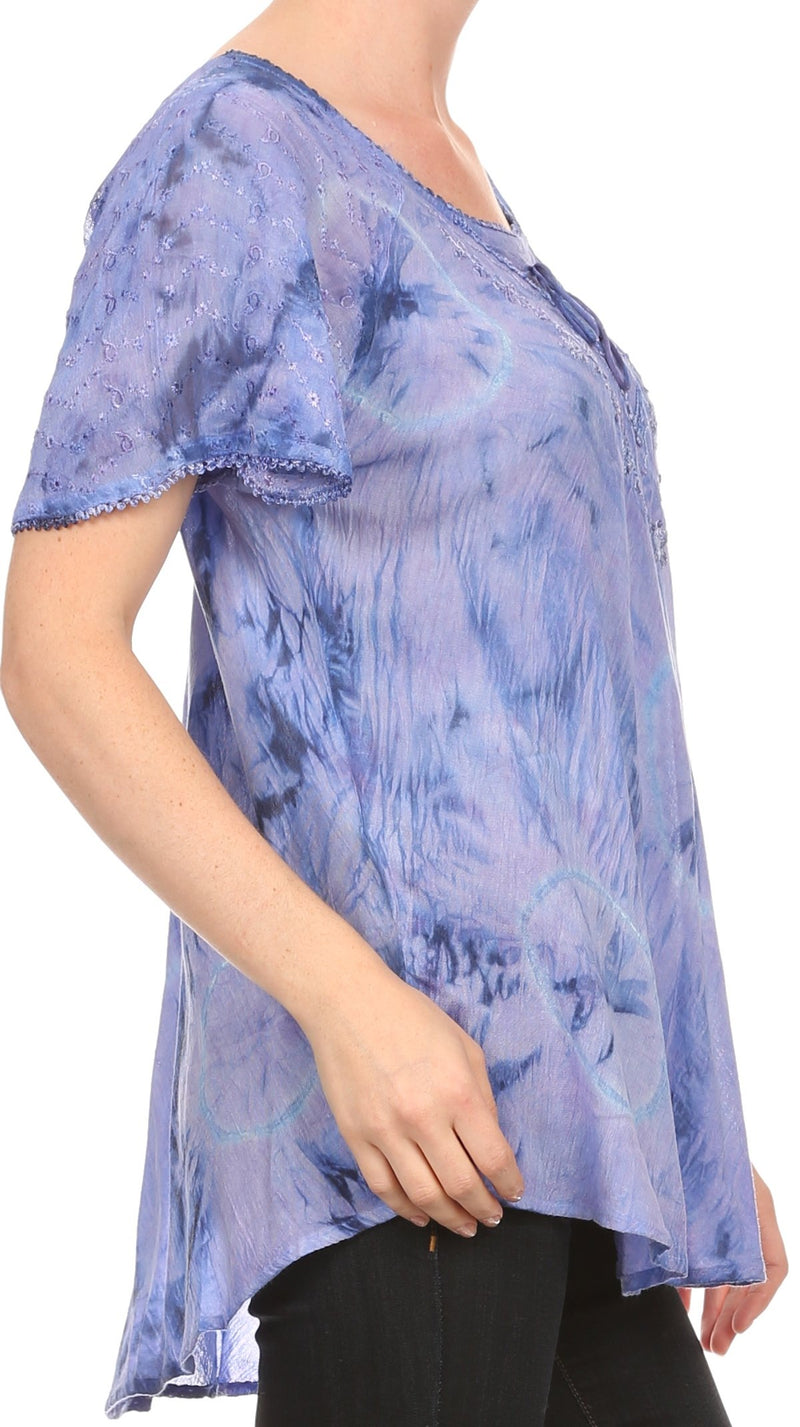 Sakkas Hana Tie Dye Relaxed Fit Embroidery Cap Sleeves Peasant Batik Blouse / Top