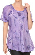 Sakkas Hana Tie Dye Relaxed Fit Embroidery Cap Sleeves Peasant Batik Blouse / Top#color_Purple
