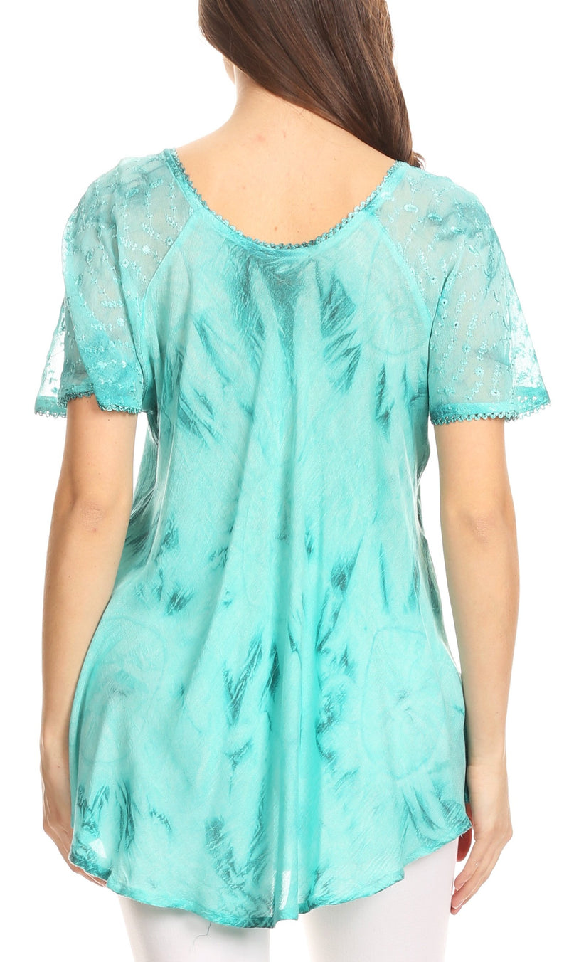 Sakkas Hana Tie Dye Relaxed Fit Embroidery Cap Sleeves Peasant Batik Blouse / Top