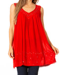 Sakkas Rita Womens Picot Trim V Neck Tank Blouse With Seqins And Embroidery