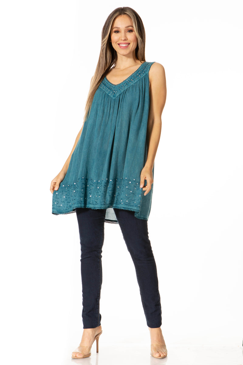 Sakkas Rita Womens Picot Trim V Neck Tank Blouse With Seqins And Embroidery