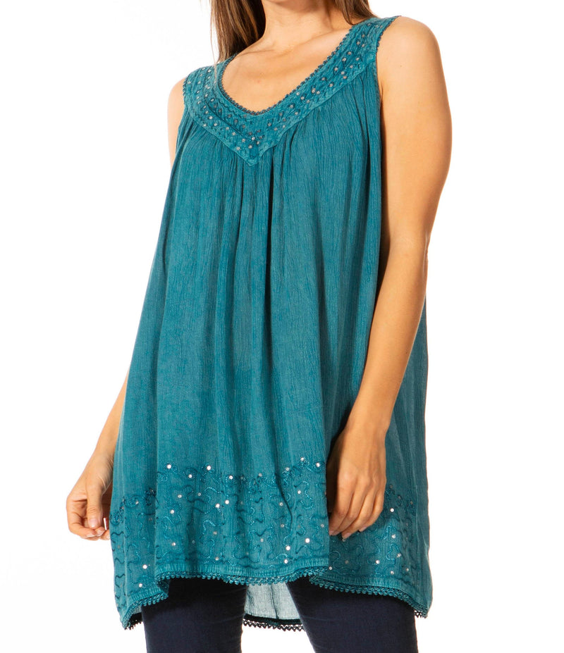 Sakkas Rita Womens Picot Trim V Neck Tank Blouse With Seqins And Embroidery