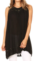 Sakkas Rita Womens Picot Trim V Neck Tank Blouse With Seqins And Embroidery#color_Black