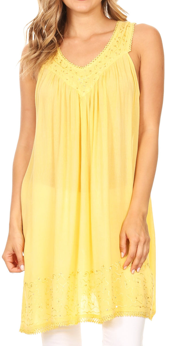 Sakkas Rita Womens Picot Trim V Neck Tank Blouse With Seqins And Embroidery#color_ButterYellow
