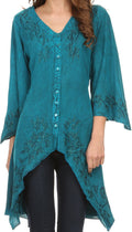 Sakkas Gella Button Down Blouse Top With Bell Sleeves And Handkerchief Sides#color_Turquoise
