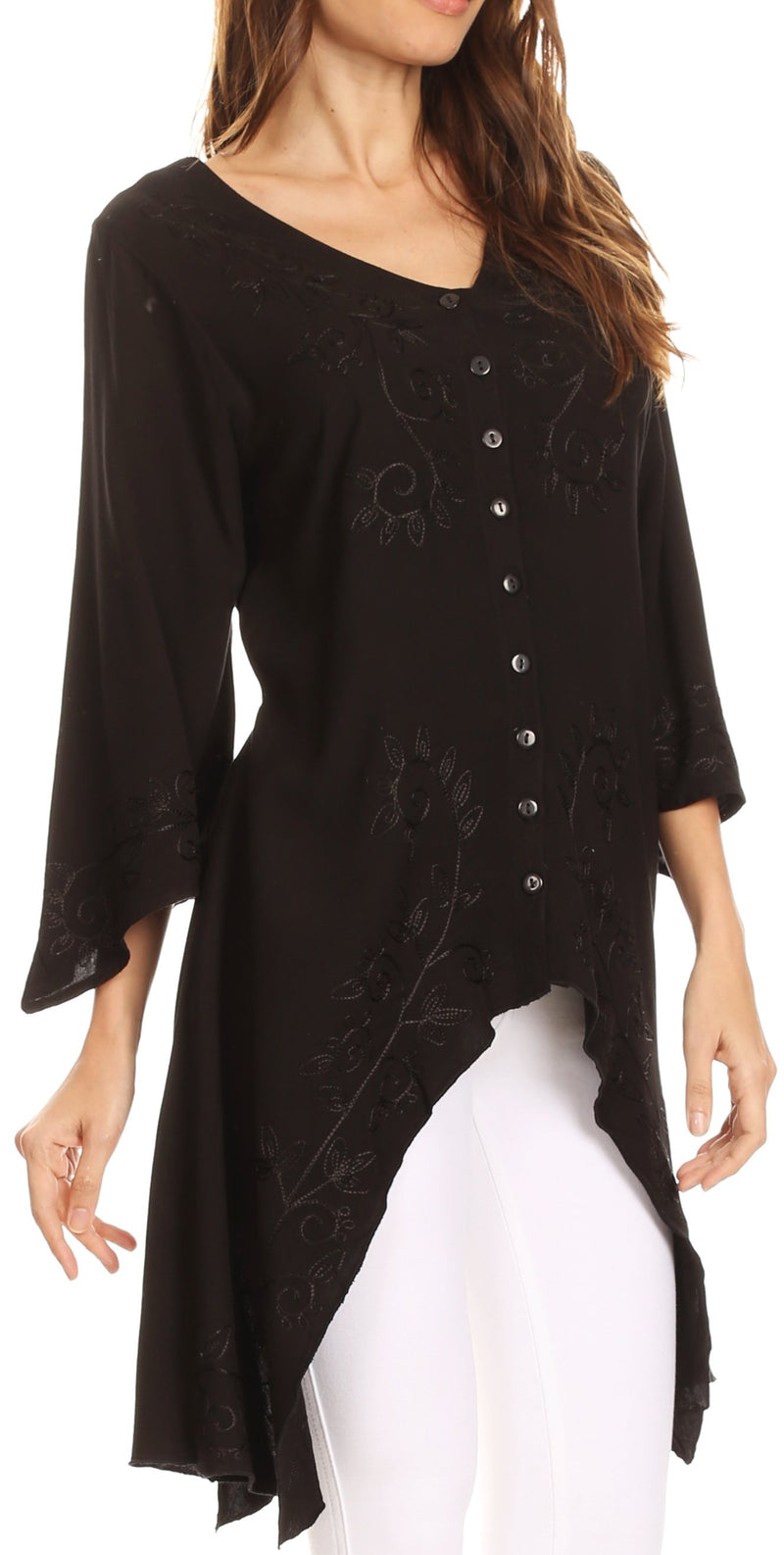 Sakkas Gella Button Down Blouse Top With Bell Sleeves And Handkerchief Sides