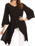 Sakkas Gella Button Down Blouse Top With Bell Sleeves And Handkerchief Sides#color_Black