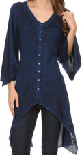 Sakkas Gella Button Down Blouse Top With Bell Sleeves And Handkerchief Sides#color_Navy