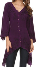Sakkas Gella Button Down Blouse Top With Bell Sleeves And Handkerchief Sides#color_Purple