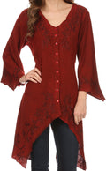 Sakkas Gella Button Down Blouse Top With Bell Sleeves And Handkerchief Sides#color_Red