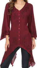 Sakkas Gella Button Down Blouse Top With Bell Sleeves And Handkerchief Sides#color_Wine