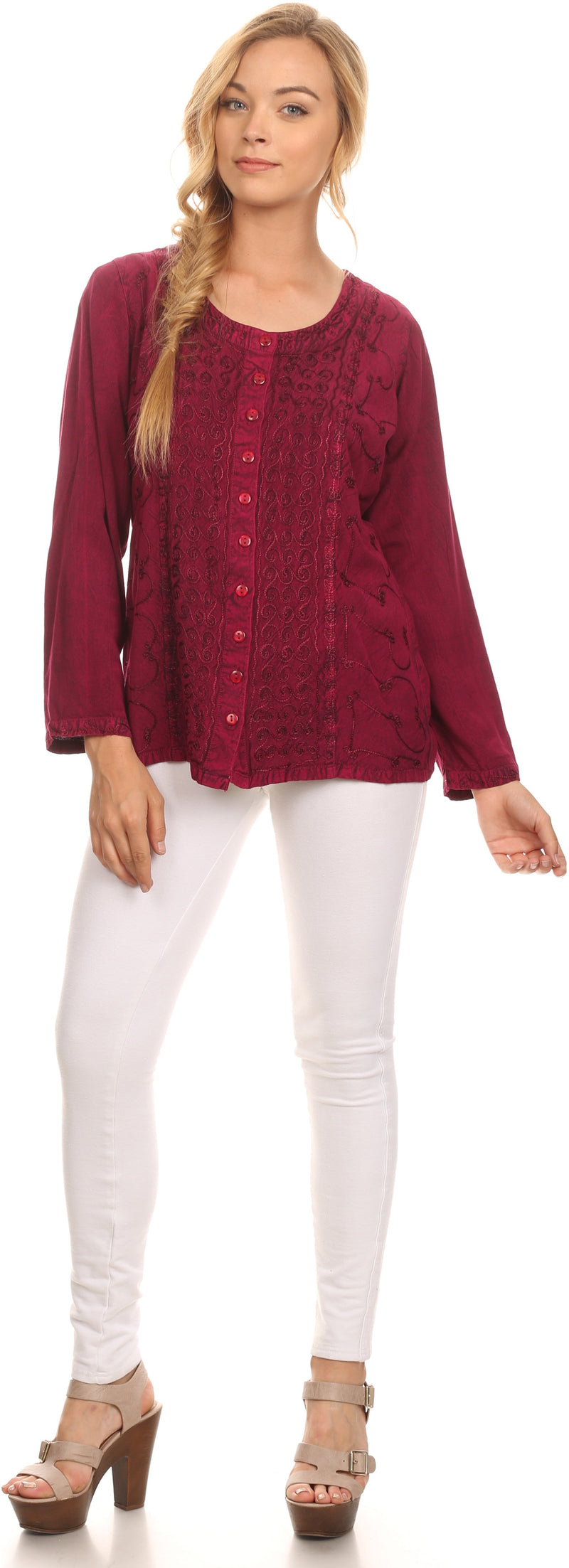 Sakkas Fedella Deep Scoop Neck Long Sleeve Blouse Top With Adjustable