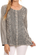 Sakkas  Fedella Deep Scoop Neck Long Sleeve Blouse Top With Adjustable Back Straps#color_Grey