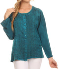 Sakkas  Fedella Deep Scoop Neck Long Sleeve Blouse Top With Adjustable Back Straps#color_Turquoise
