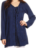 Sakkas Caylyan Long Adjustable Embroidered Long Sleeve Blouse With Corset Top#color_Navy