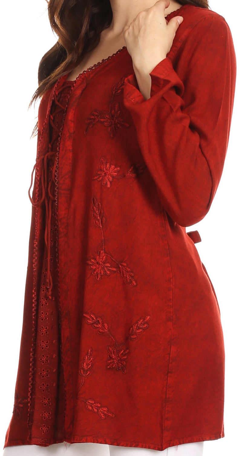 Sakkas Caylyan Long Adjustable Embroidered Long Sleeve Blouse With Corset Top
