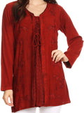 Sakkas Caylyan Long Adjustable Embroidered Long Sleeve Blouse With Corset Top#color_Red