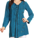 Sakkas Caylyan Long Adjustable Embroidered Long Sleeve Blouse With Corset Top#color_Turquoise