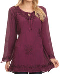 Sakkas Seena Long Sleeved Eyelet Adjustable Straps Embroidered Blouse Shirt Top#color_Fuchsia
