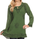 Sakkas Seena Long Sleeved Eyelet Adjustable Straps Embroidered Blouse Shirt Top#color_Green
