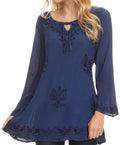 Sakkas Seena Long Sleeved Eyelet Adjustable Straps Embroidered Blouse Shirt Top#color_Navy