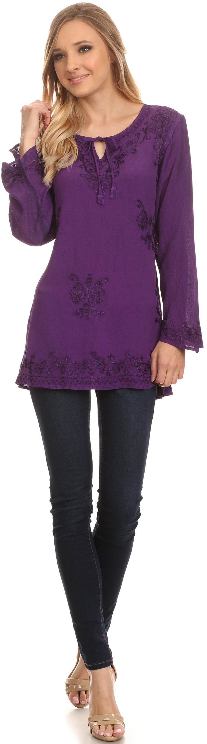 Sakkas Seena Long Sleeved Eyelet Adjustable Straps Embroidered Blouse Shirt Top