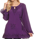 Sakkas Seena Long Sleeved Eyelet Adjustable Straps Embroidered Blouse Shirt Top#color_Purple