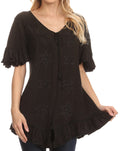 Sakkas Sayle Long Star Embroidered Blouse Shirt Top With Button Front And Ruffles#color_Black
