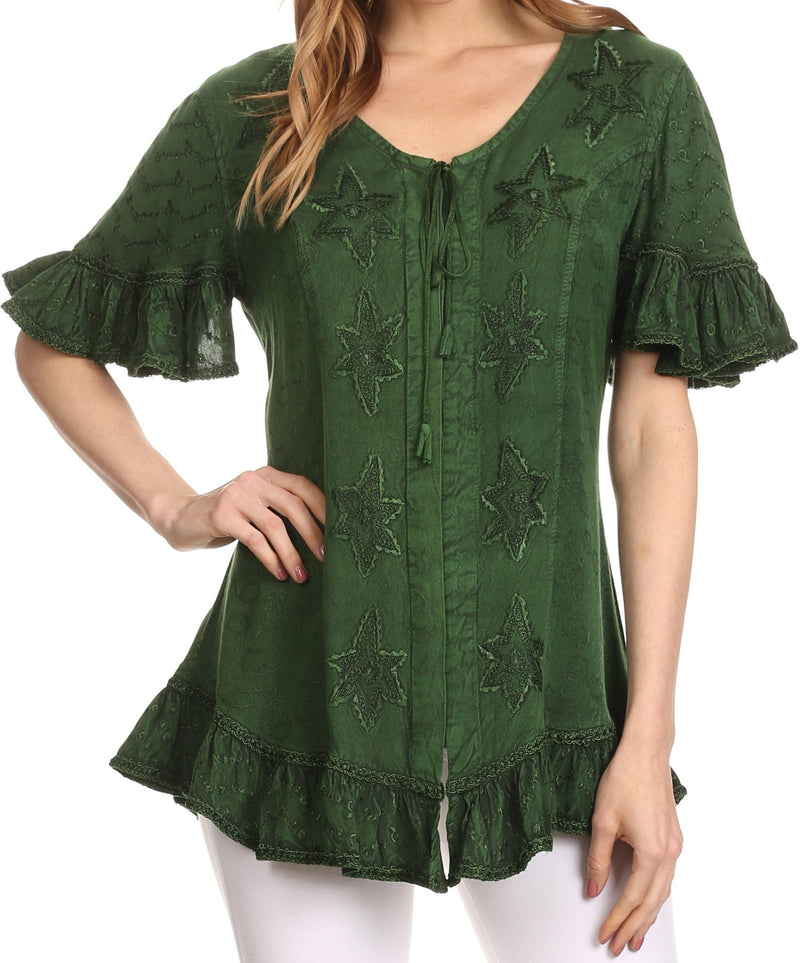 Sakkas Sayle Long Star Embroidered Blouse Shirt Top With Button Front And Ruffles