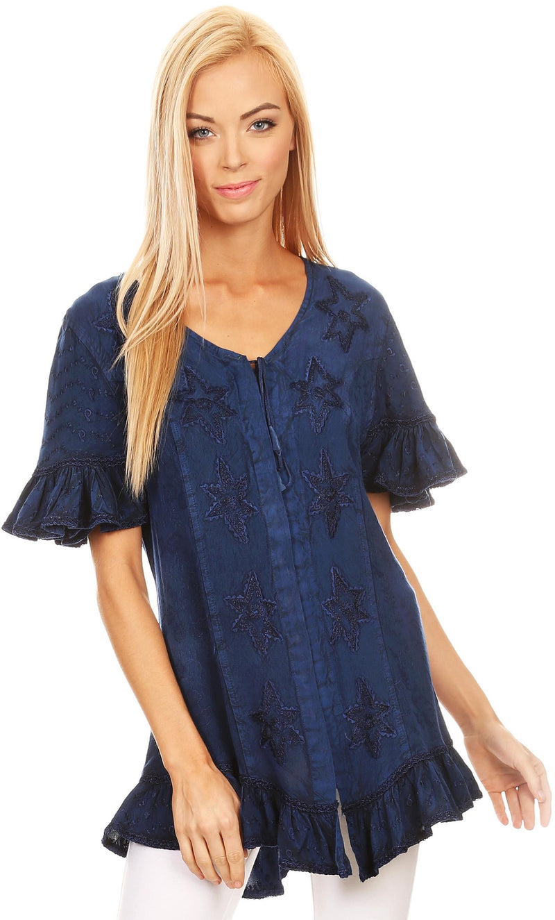 Sakkas Sayle Long Star Embroidered Blouse Shirt Top With Button Front And Ruffles