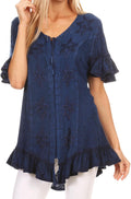 Sakkas Sayle Long Star Embroidered Blouse Shirt Top With Button Front And Ruffles#color_Navy