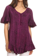 Sakkas Sayle Long Star Embroidered Blouse Shirt Top With Button Front And Ruffles#color_Plum