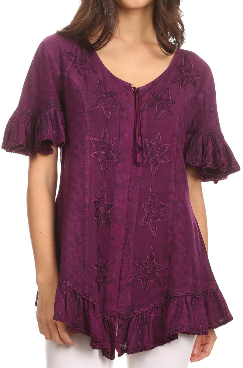 Sakkas Sayle Long Star Embroidered Blouse Shirt Top With Button Front And Ruffles