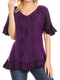 Sakkas Sayle Long Star Embroidered Blouse Shirt Top With Button Front And Ruffles#color_Purple