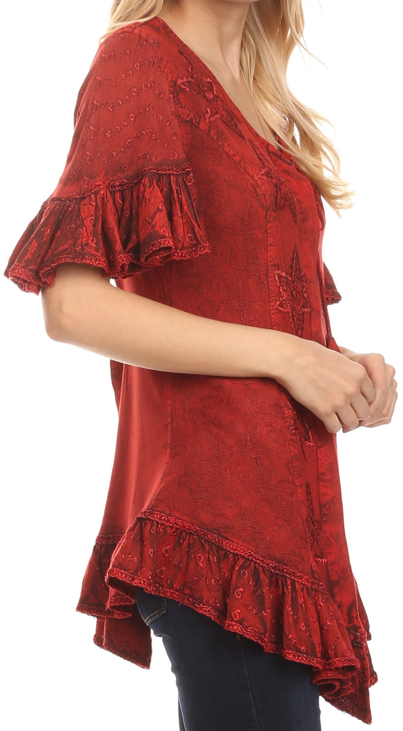 Sakkas Sayle Long Star Embroidered Blouse Shirt Top With Button Front And Ruffles